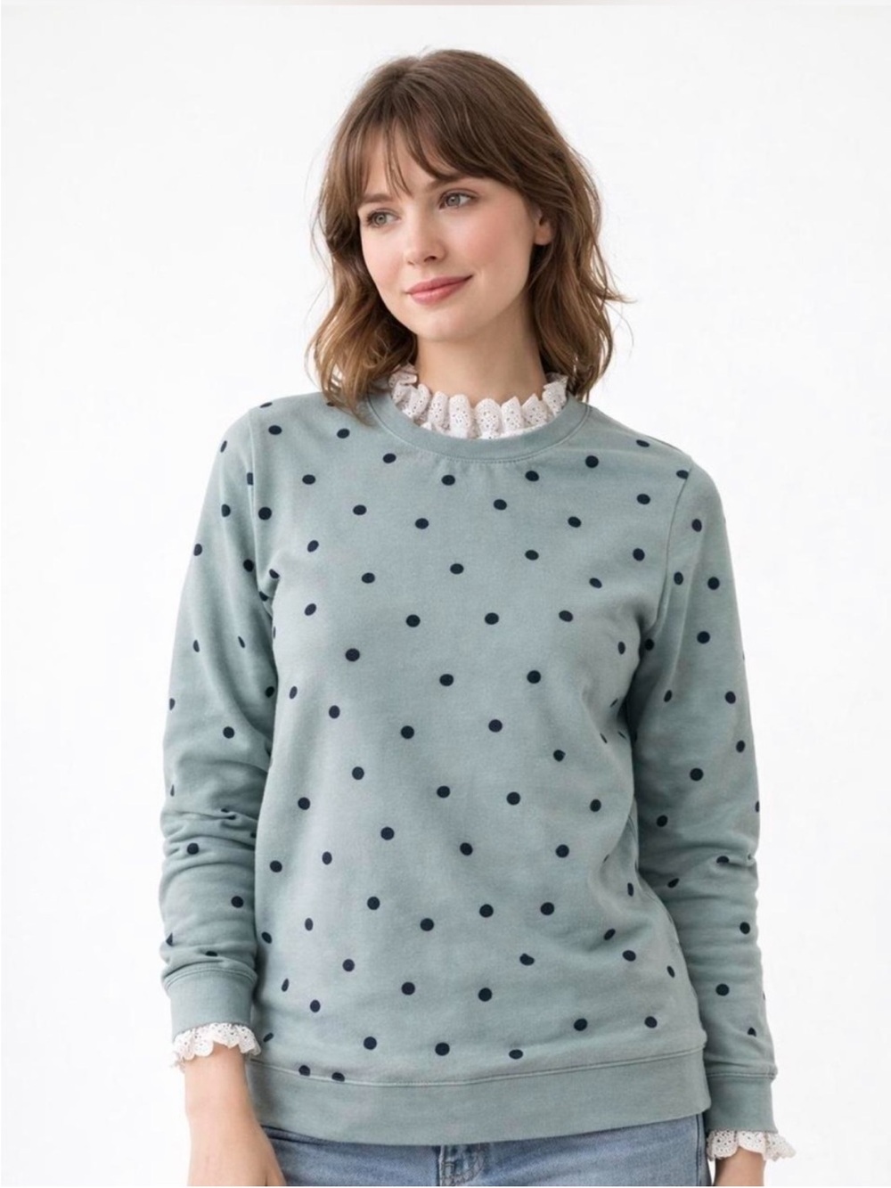 Boden light bluePolka Dot lace trim Crewneck Sweatshirt